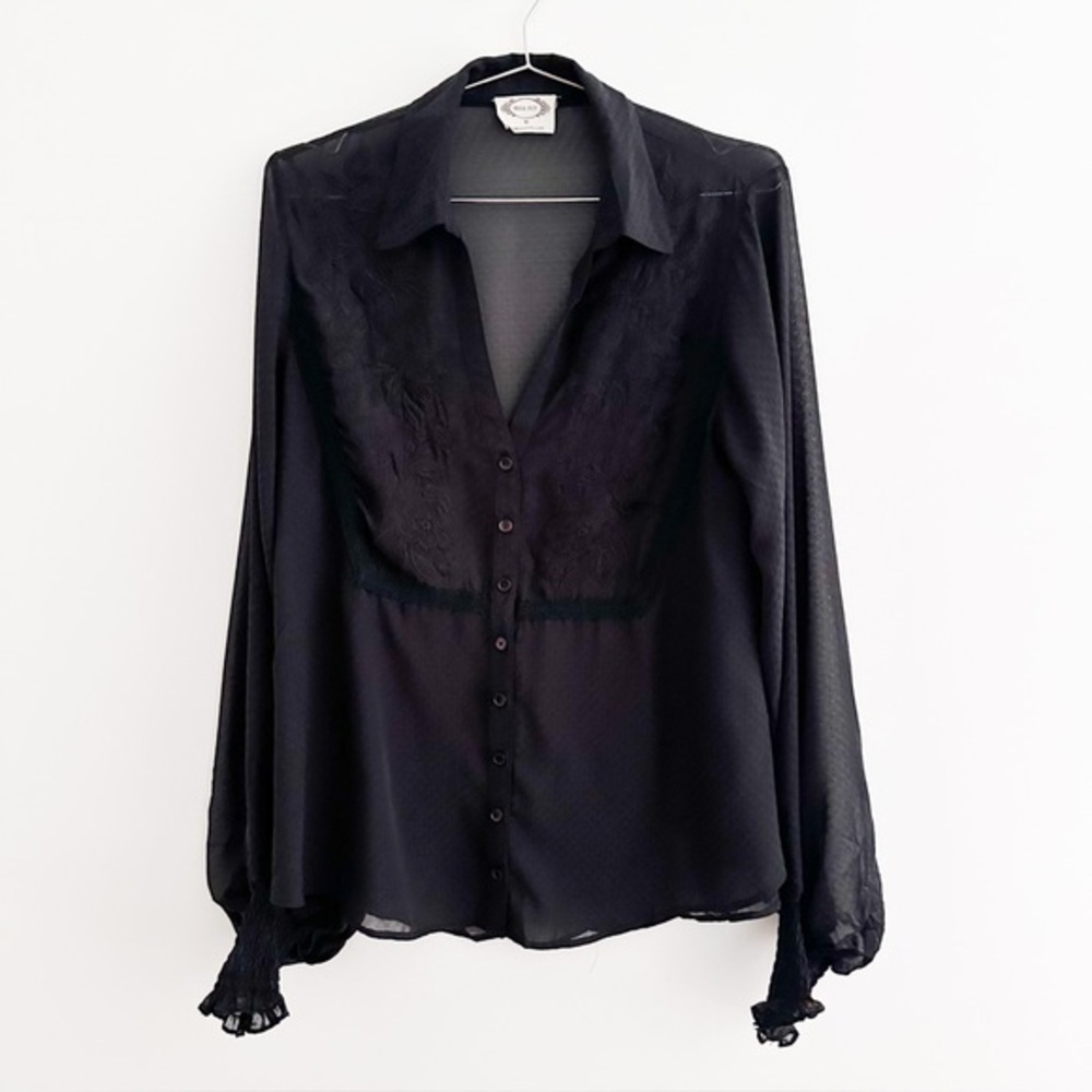 Mia Joy Sheer Black Button Front Floral Embroidered Blouse Smocked Cuffs Size M